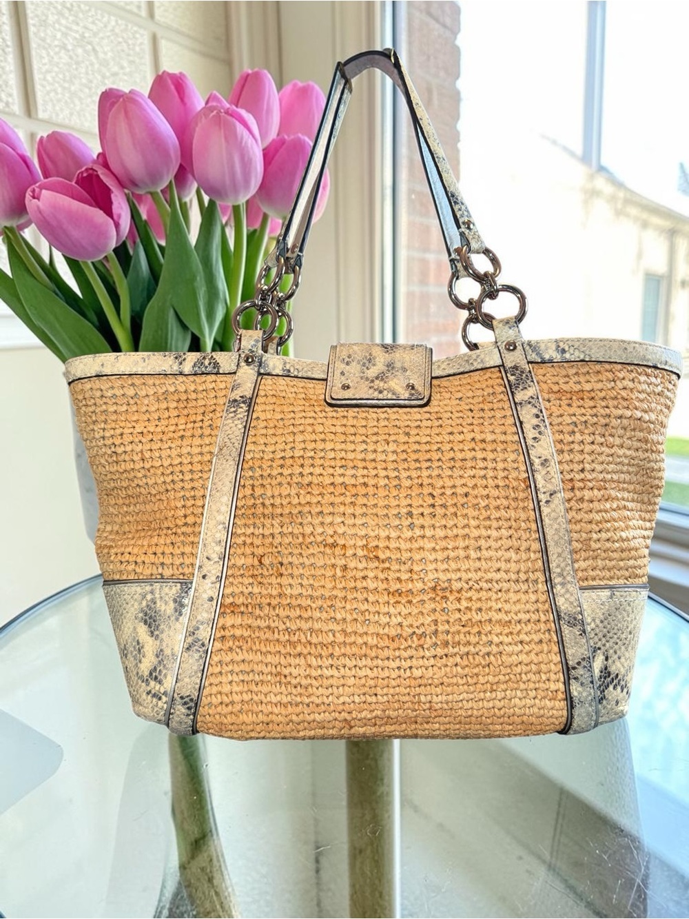 Coach Hamptons Raffia Tote with Python Embossed Leather Trim - Style 19359 - Picture 2 of 15